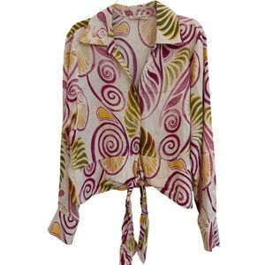 Christian Siriano New York Tie Front Linen Blend Abstract Swirl L EUC